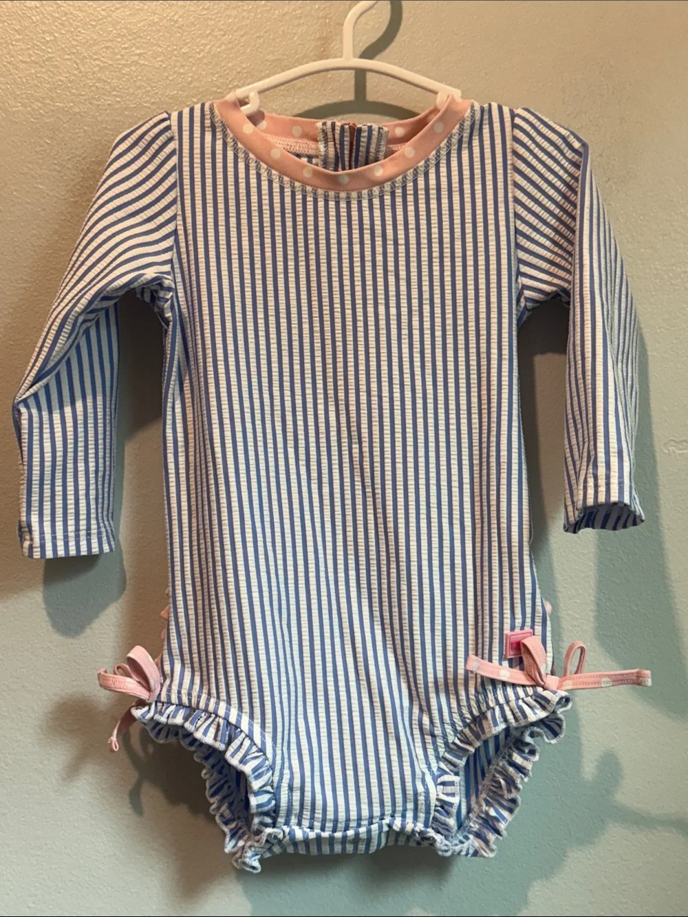 Ruffle Butts 12 - 18 Months Blue White Stripe Long Sleeve One Piece Pink Trim